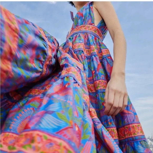 Farm Rio Size Small Blue Macaw Flight Midi Dress Tiered Size Medium NWT - Picture 3 of 16